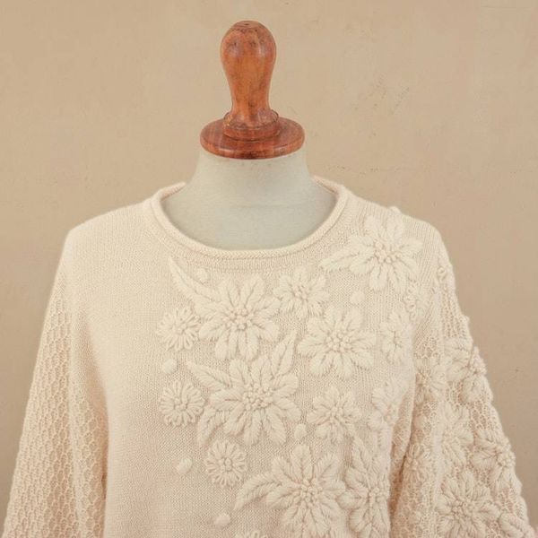 Alternate image for Hand Embroidered Ivory Baby Alpaca Pullover Sweater Elegant Blossoms