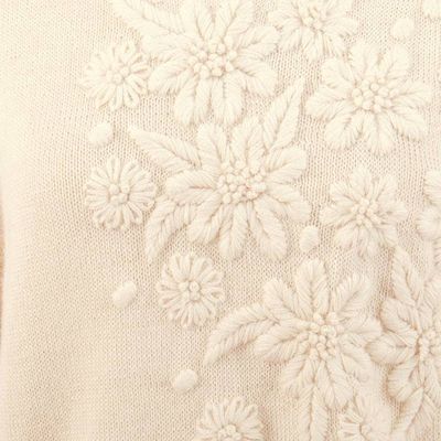 Alternate image for Hand Embroidered Ivory Baby Alpaca Pullover Sweater Elegant Blossoms