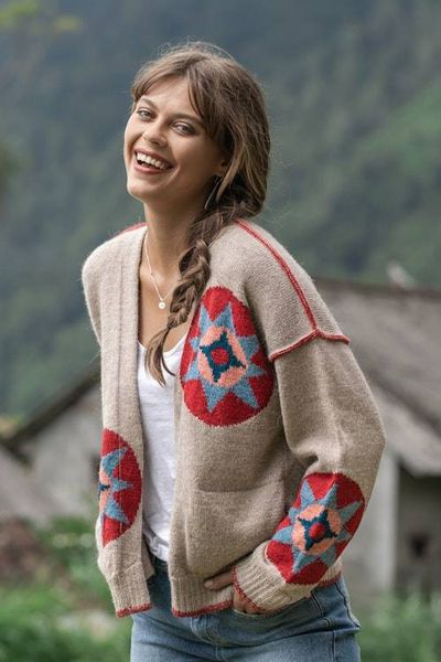 Alternate image for Hand-Knit Suzani Embroidery-Inspired Grey Alpaca Cardigan Suzani Style