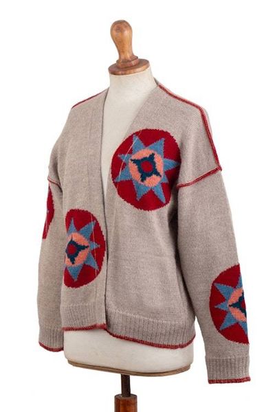Alternate image for Hand-Knit Suzani Embroidery-Inspired Grey Alpaca Cardigan Suzani Style