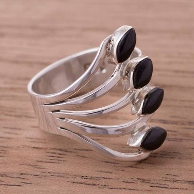 Alternate image for 950 Silver and Onyx Multi-Stone Cocktail Ring from Peru Radiant Leaves