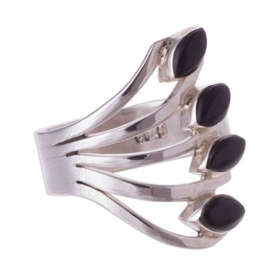 Alternate image for 950 Silver and Onyx Multi-Stone Cocktail Ring from Peru Radiant Leaves
