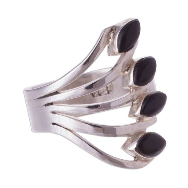 Alternate image for 950 Silver and Onyx Multi-Stone Cocktail Ring from Peru Radiant Leaves