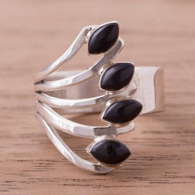 Alternate image for 950 Silver and Onyx Multi-Stone Cocktail Ring from Peru Radiant Leaves