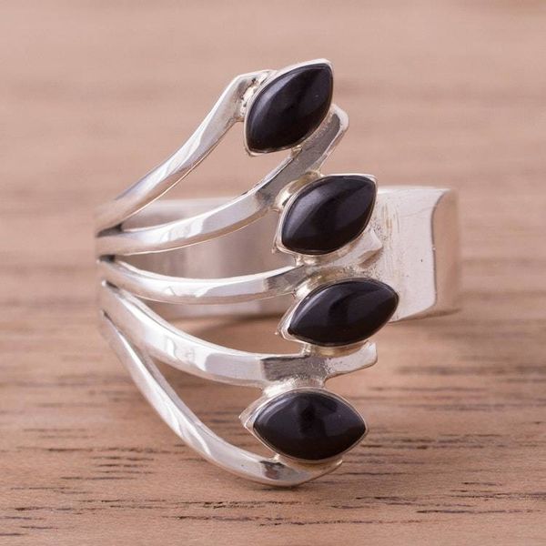 Alternate image for 950 Silver and Onyx Multi-Stone Cocktail Ring from Peru Radiant Leaves