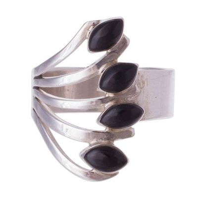 Alternate image for 950 Silver and Onyx Multi-Stone Cocktail Ring from Peru Radiant Leaves