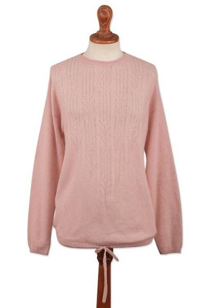 Alternate image for Pink Blush Alpaca Pullover Patterned Sweater with Drawstring Pink Comfort