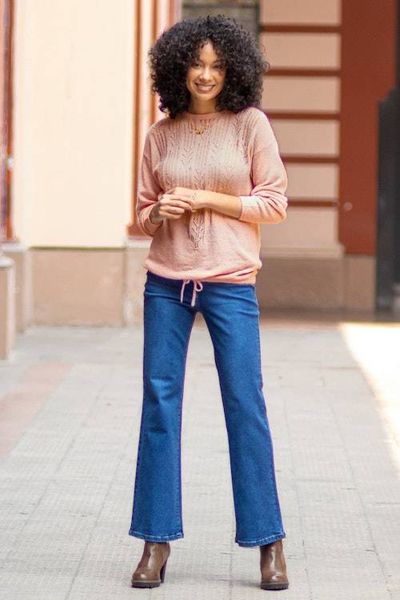 Alternate image for Pink Blush Alpaca Pullover Patterned Sweater with Drawstring Pink Comfort
