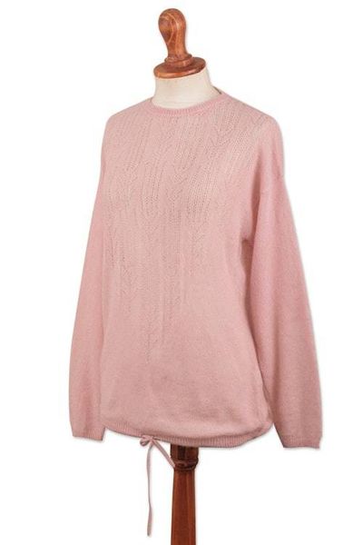Alternate image for Pink Blush Alpaca Pullover Patterned Sweater with Drawstring Pink Comfort