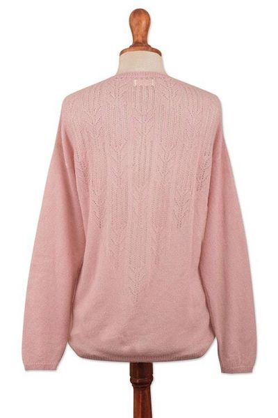 Alternate image for Pink Blush Alpaca Pullover Patterned Sweater with Drawstring Pink Comfort