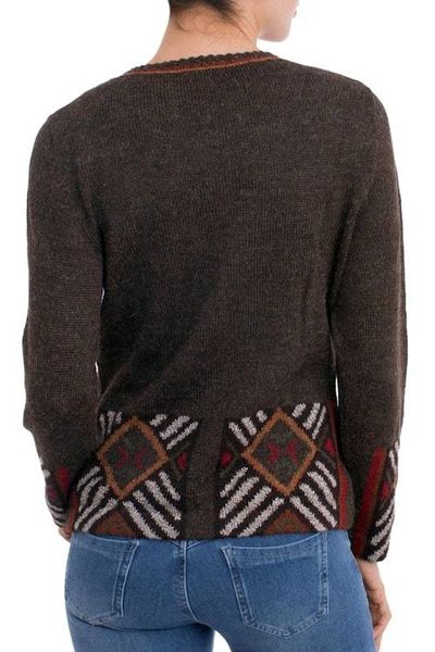 Alternate image for 100 Alpaca Brown Cardigan Sweater with Diamond Motif Incan Argyle