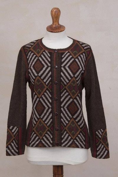 Alternate image for 100 Alpaca Brown Cardigan Sweater with Diamond Motif Incan Argyle
