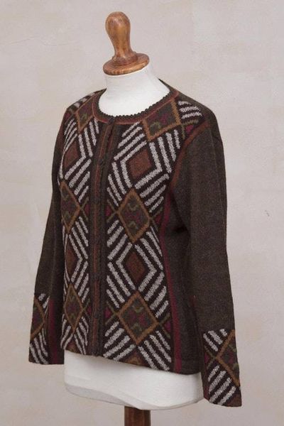 Alternate image for 100 Alpaca Brown Cardigan Sweater with Diamond Motif Incan Argyle