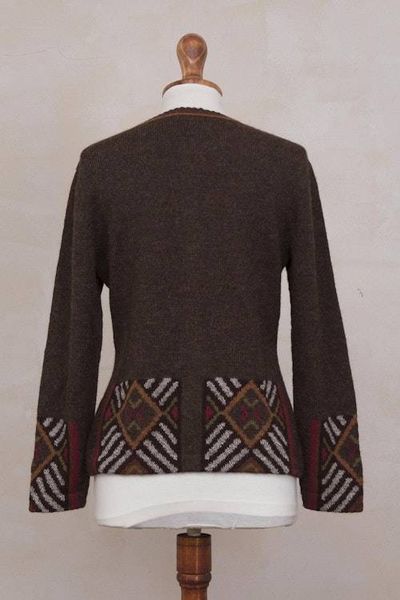 Alternate image for 100 Alpaca Brown Cardigan Sweater with Diamond Motif Incan Argyle