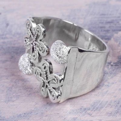 Primary image for Sterling Silver Artisan Crafted Wide Floral Wrap Ring Flowers of Rimac