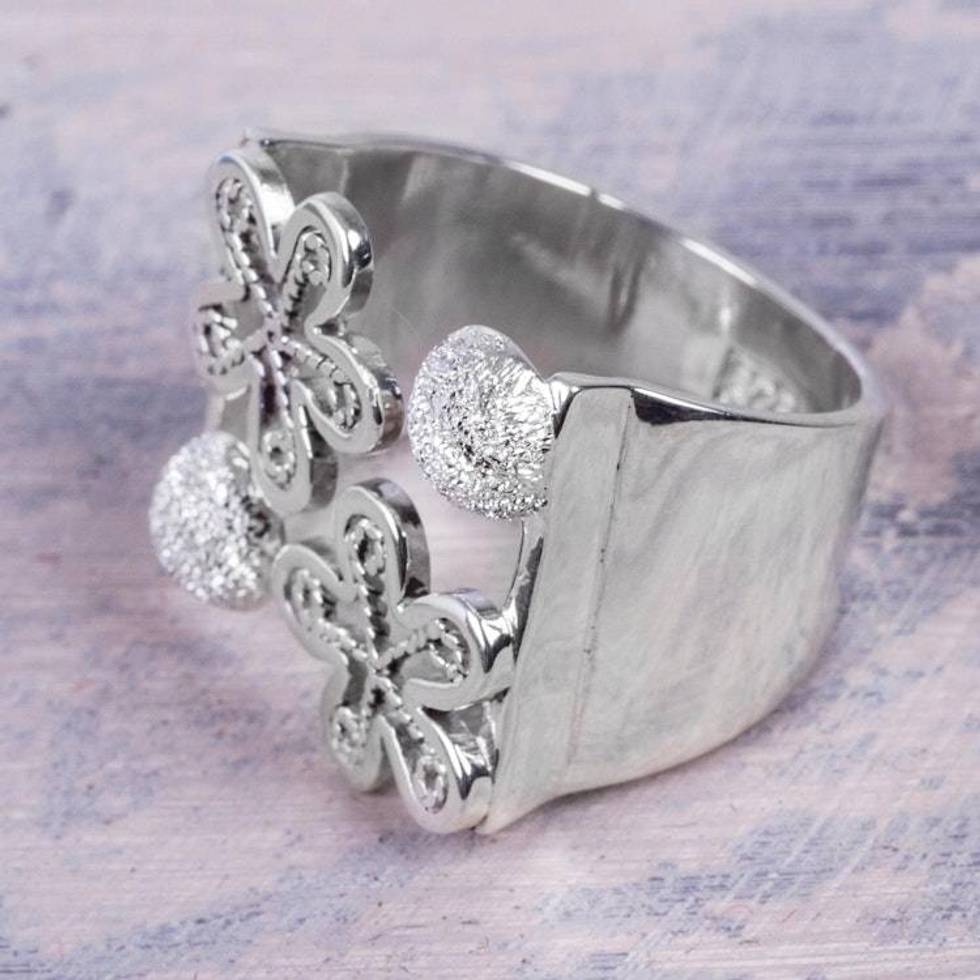 Sterling Silver Artisan Crafted Wide Floral Wrap Ring 'Flowers of Rimac'