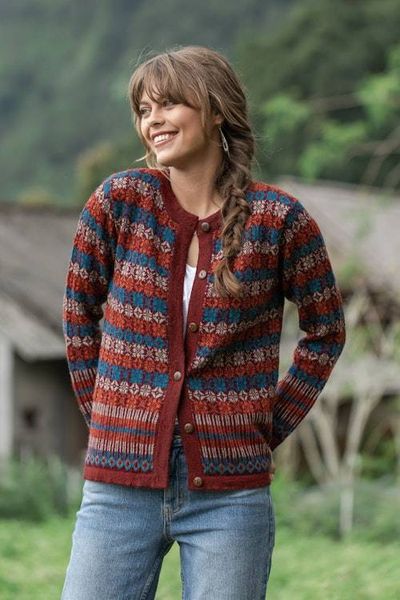 Alternate image for Mosaic-Patterned Red 100 Alpaca Cardigan Sweater from Peru Andean Mosaic
