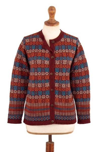 Alternate image for Mosaic-Patterned Red 100 Alpaca Cardigan Sweater from Peru Andean Mosaic