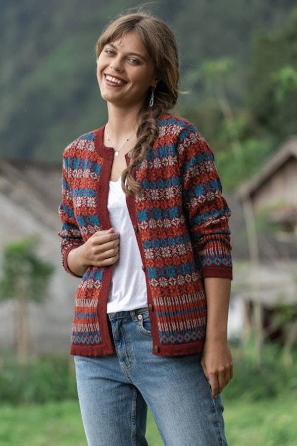 Alternate image for Mosaic-Patterned Red 100 Alpaca Cardigan Sweater from Peru Andean Mosaic
