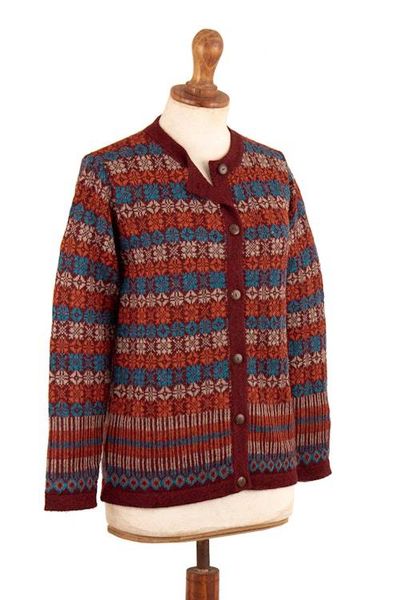 Alternate image for Mosaic-Patterned Red 100 Alpaca Cardigan Sweater from Peru Andean Mosaic