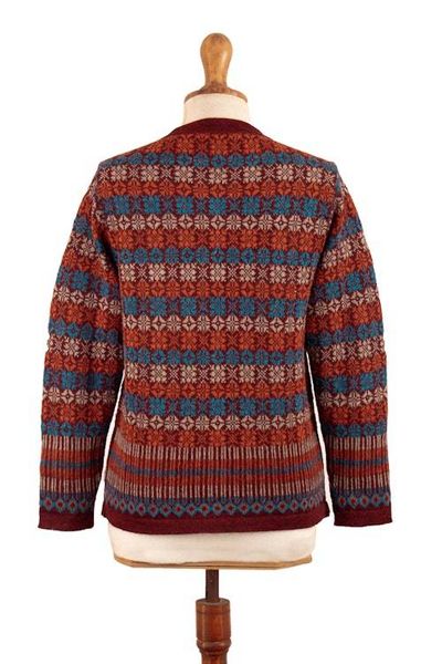 Alternate image for Mosaic-Patterned Red 100 Alpaca Cardigan Sweater from Peru Andean Mosaic
