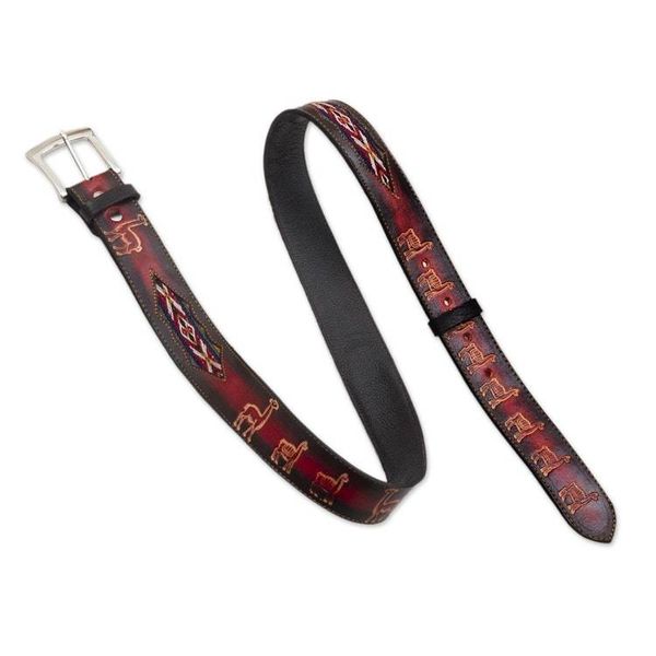 Alternate image for Embossed Llama Motif Leather and Wool Belt Llama Caravan