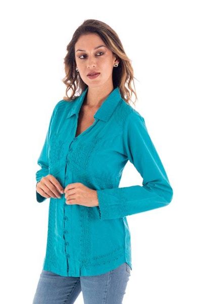 Alternate image for Turquoise Cotton Button-Up Blouse Lily of the Incas in Turquoise
