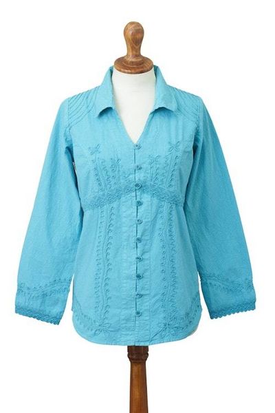 Alternate image for Turquoise Cotton Button-Up Blouse Lily of the Incas in Turquoise