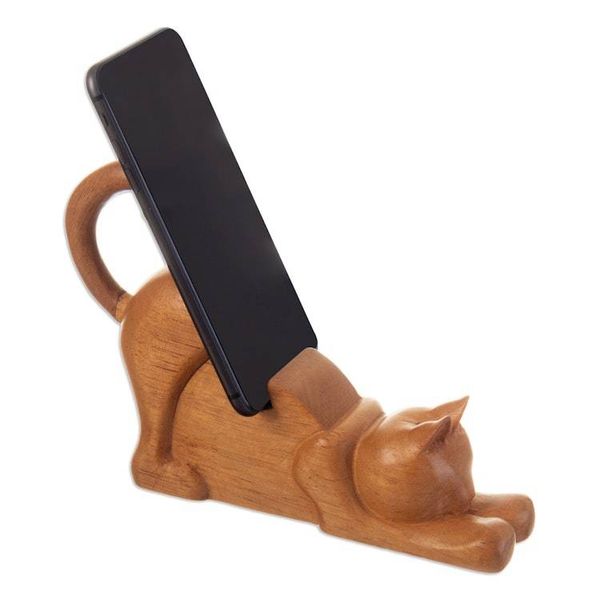 Alternate image for Cat-Themed Hand-Carved Cedar Wood Phone Holder from Peru Convenient Cunning