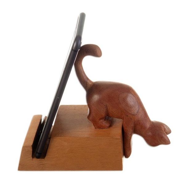 Alternate image for Hand-Carved Cat-Themed Brown Cedar Wood Phone Holder Convenient Curiosity