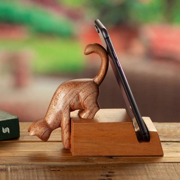 Alternate image for Hand-Carved Cat-Themed Brown Cedar Wood Phone Holder Convenient Curiosity