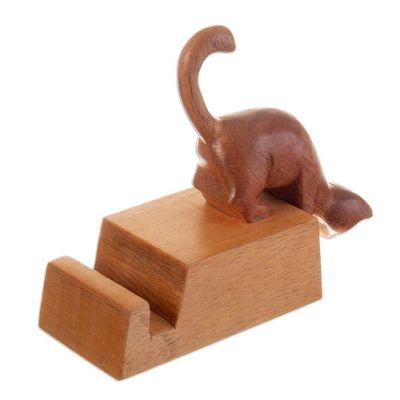 Alternate image for Hand-Carved Cat-Themed Brown Cedar Wood Phone Holder Convenient Curiosity