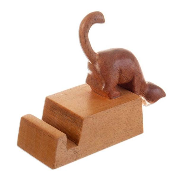 Alternate image for Hand-Carved Cat-Themed Brown Cedar Wood Phone Holder Convenient Curiosity