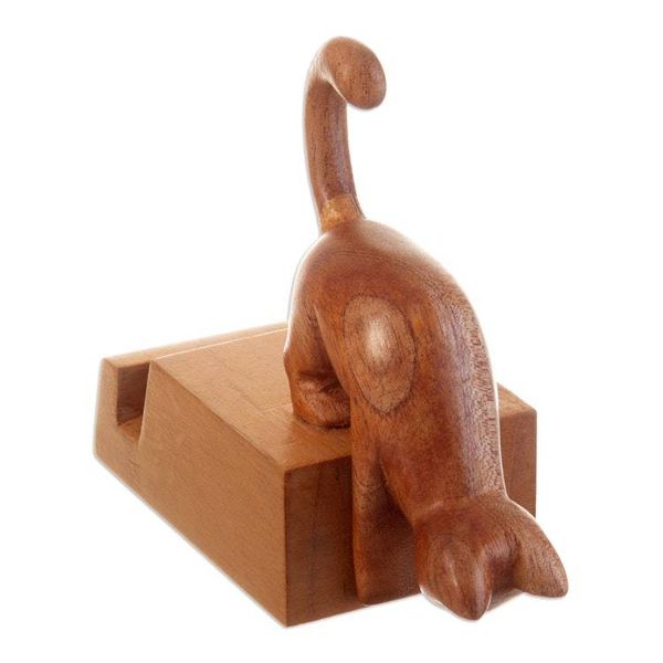 Alternate image for Hand-Carved Cat-Themed Brown Cedar Wood Phone Holder Convenient Curiosity