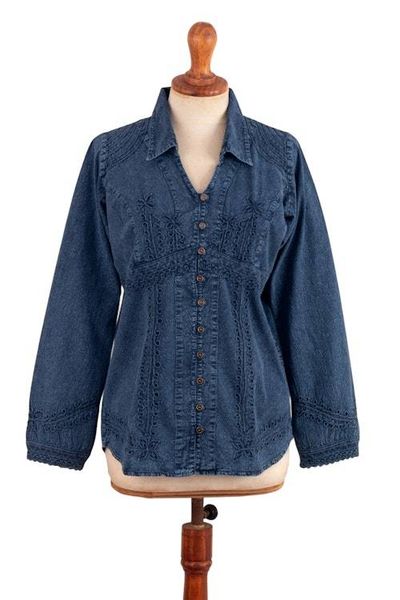 Alternate image for Lily of The Incas Button-Front Chambray Blue Blouse Lily of the Incas