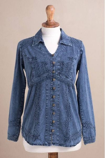 Alternate image for Lily of The Incas Button-Front Chambray Blue Blouse Lily of the Incas