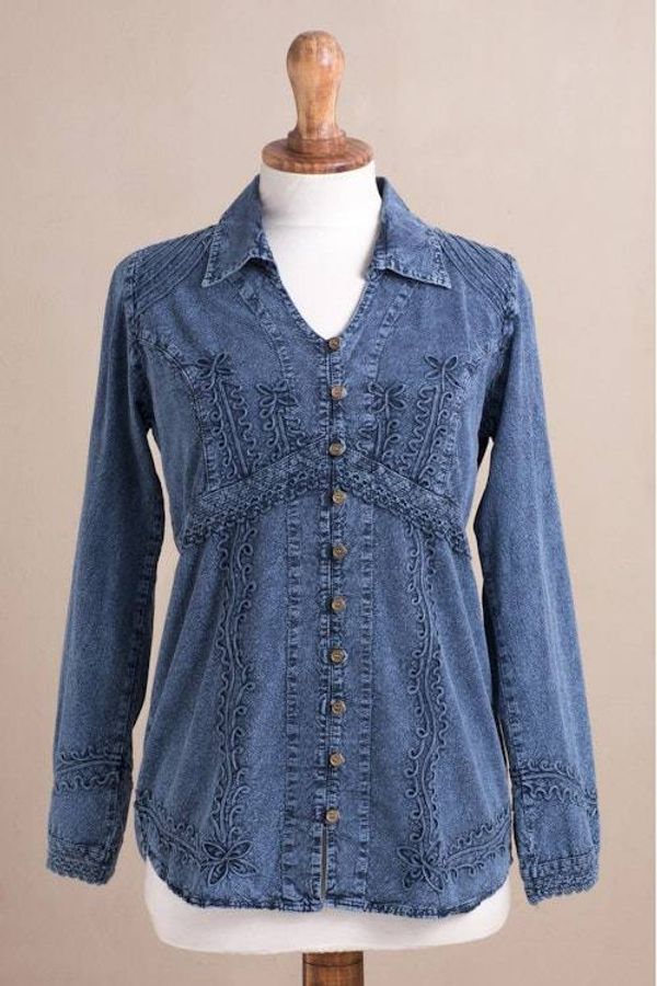 Alternate image for Lily of The Incas Button-Front Chambray Blue Blouse Lily of the Incas