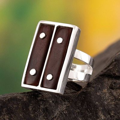 Alternate image for SIlver Ring with Cedar Wood Accents Handcrafted in Peru Safari