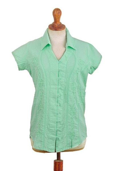 Alternate image for Soutache-Embroidered Floral 100 Cotton Blouse in Jade Green Spring Renewal