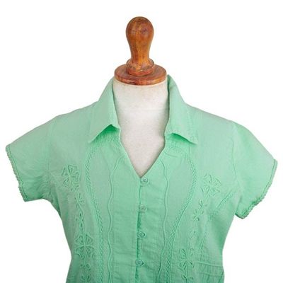 Alternate image for Soutache-Embroidered Floral 100 Cotton Blouse in Jade Green Spring Renewal