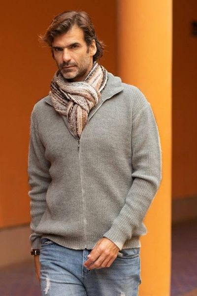 Alternate image for Light Grey 100 Alpaca Mens Cardigan Casual Grey