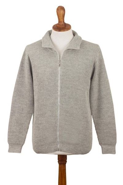 Alternate image for Light Grey 100 Alpaca Mens Cardigan Casual Grey