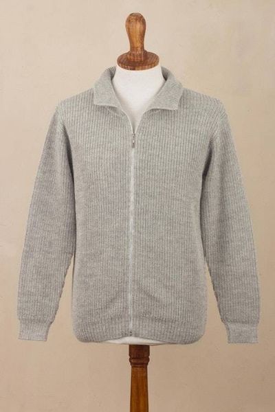Alternate image for Light Grey 100 Alpaca Mens Cardigan Casual Grey