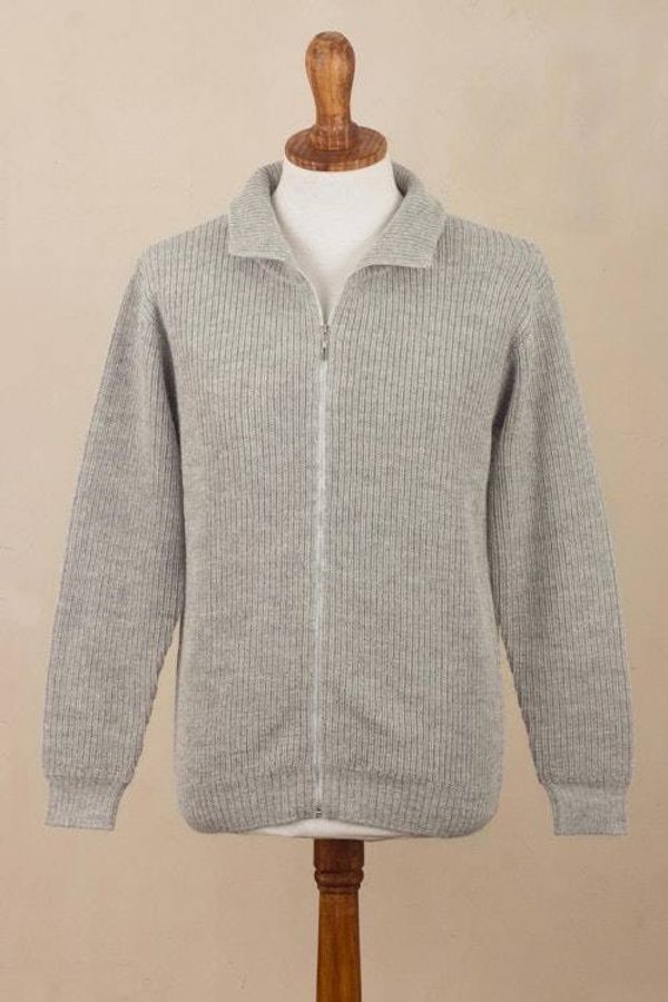 Alternate image for Light Grey 100 Alpaca Mens Cardigan Casual Grey