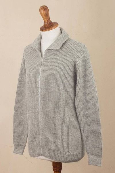Alternate image for Light Grey 100 Alpaca Mens Cardigan Casual Grey