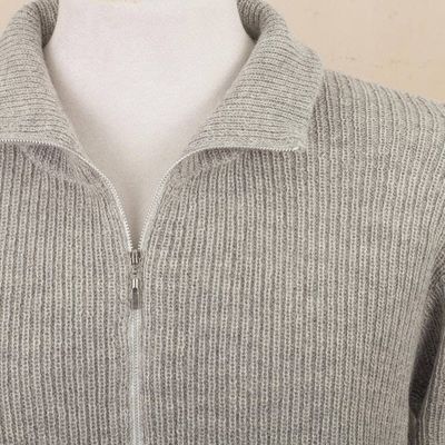 Alternate image for Light Grey 100 Alpaca Mens Cardigan Casual Grey