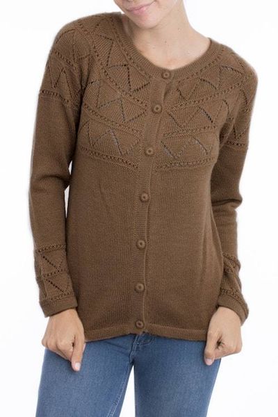 Alternate image for Tan Baby Alpaca Cardigan Sweater with Pointelle Knit Designs Sweet Mystique in Tan