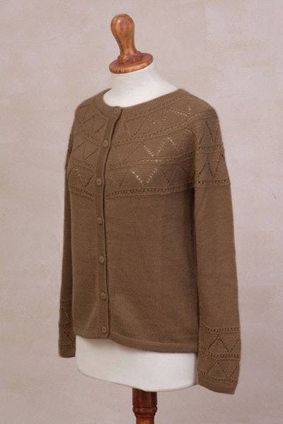 Alternate image for Tan Baby Alpaca Cardigan Sweater with Pointelle Knit Designs Sweet Mystique in Tan