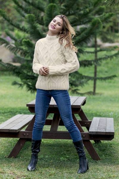 Alternate image for Knit Ivory Baby Alpaca and Wool Blend Pullover Sweater Heirloom