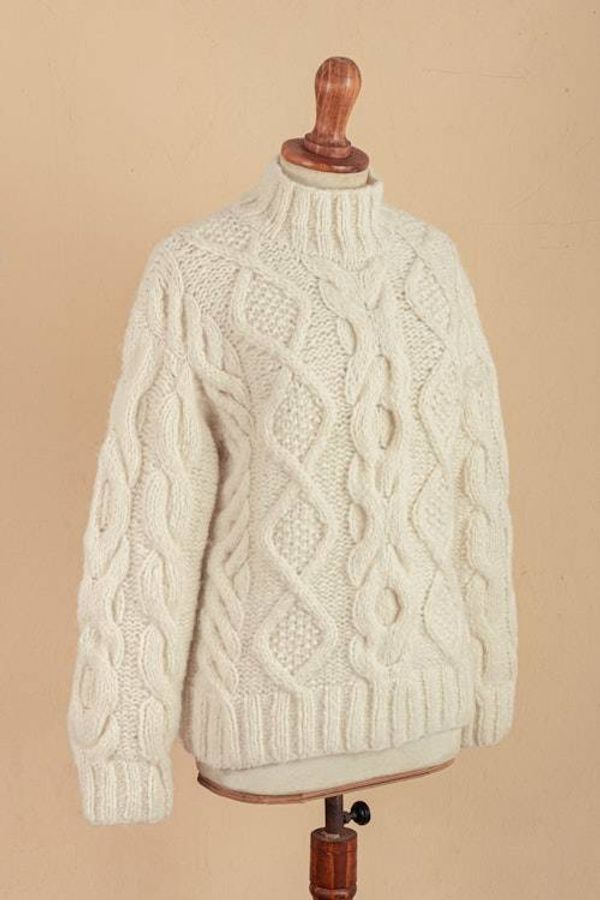 Alternate image for Knit Ivory Baby Alpaca and Wool Blend Pullover Sweater Heirloom